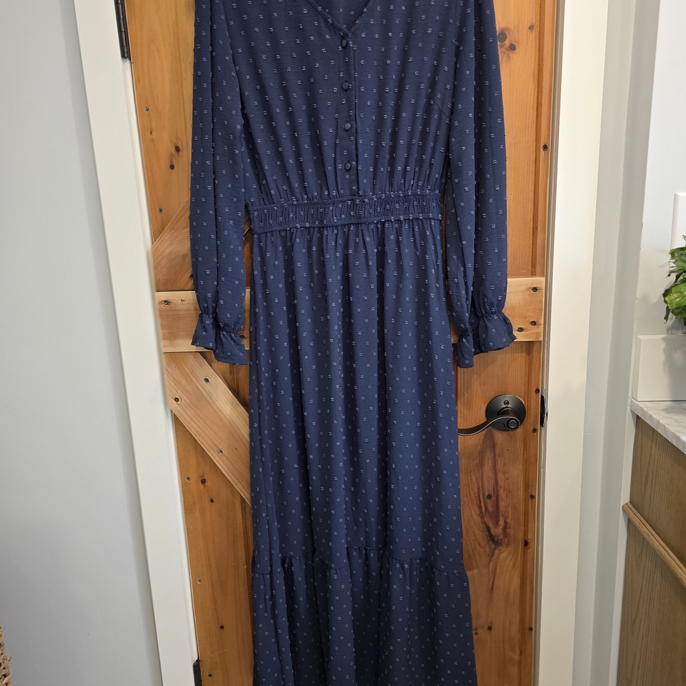 Long Sleeve Navy Maxi Dress with Smocked Waist